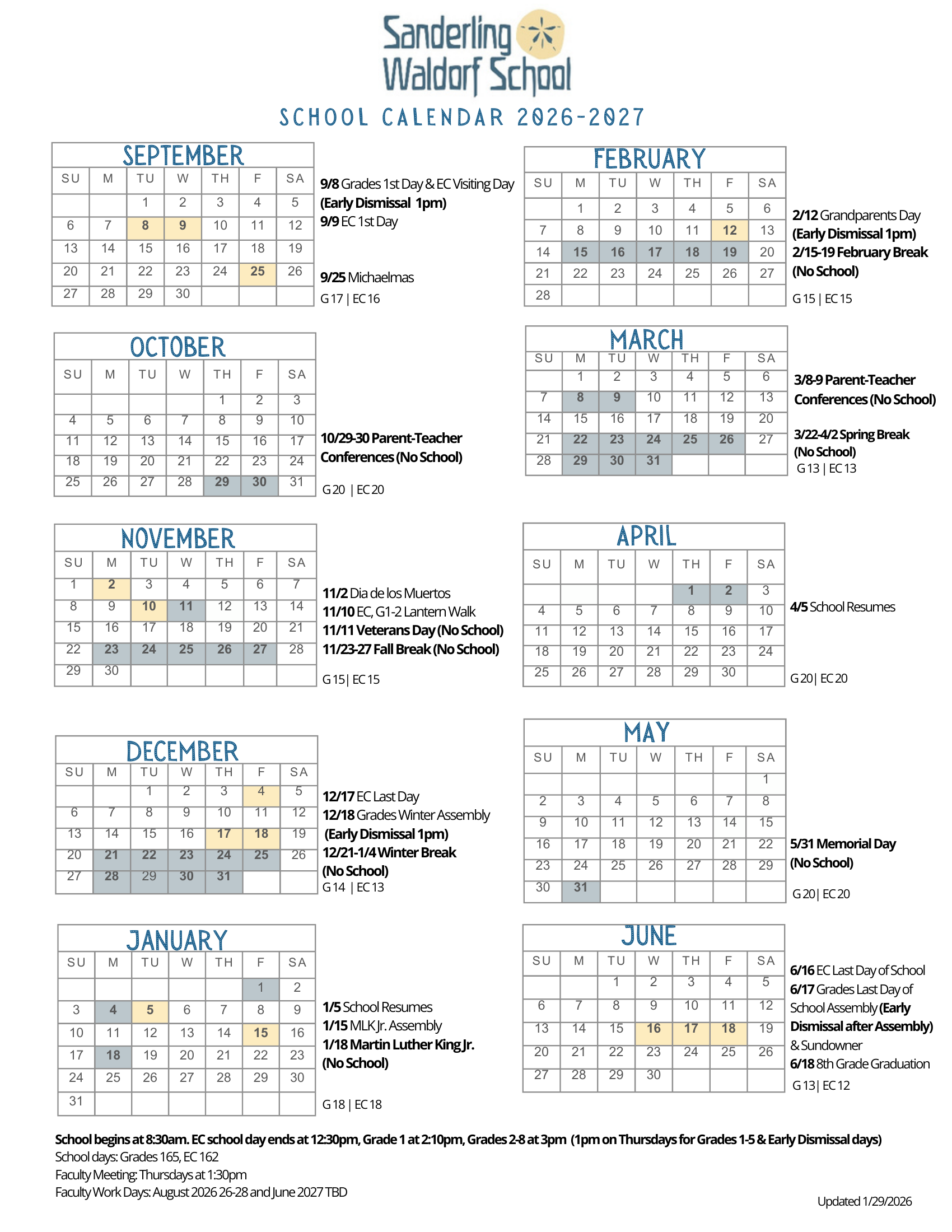 Sanderling Waldorf School Calendar 2026–2027